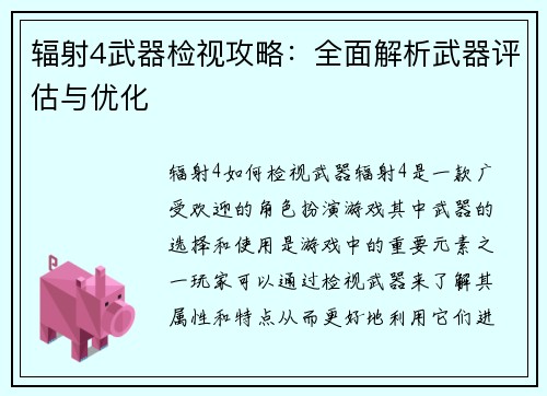 辐射4武器检视攻略：全面解析武器评估与优化